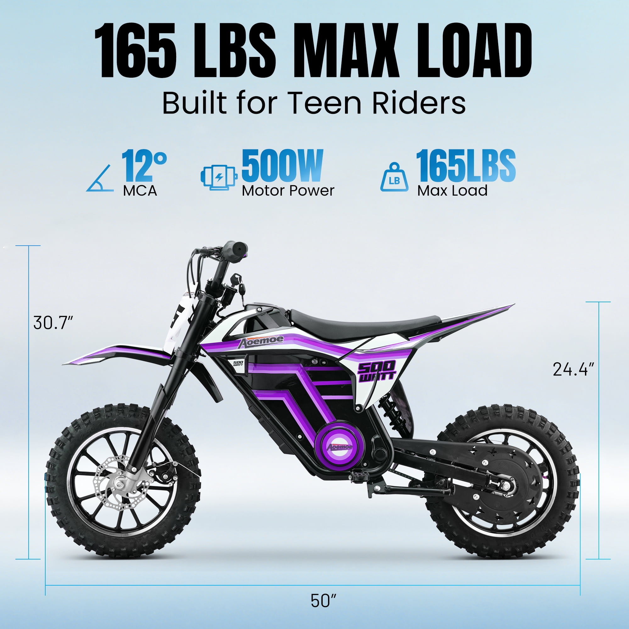Aoemoe Motorcycle, Motorized Dirt Bikes for kids 8-14, 36V 500W – 15 MPH Top Speed, Dual Suspension, Purple