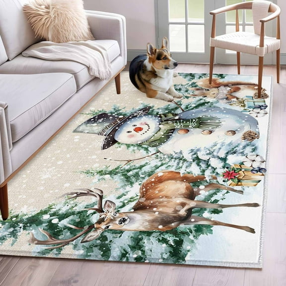 Sage Green Christmas Area Rug 4x6 Washable Rug Non Slip Snowman Xmas Tree Snowflake Elk Rustic Large Area Rug Indoor Floor Carpet for Entryway Bedroom Kitchen Living Room Office Dining Room Nursery
