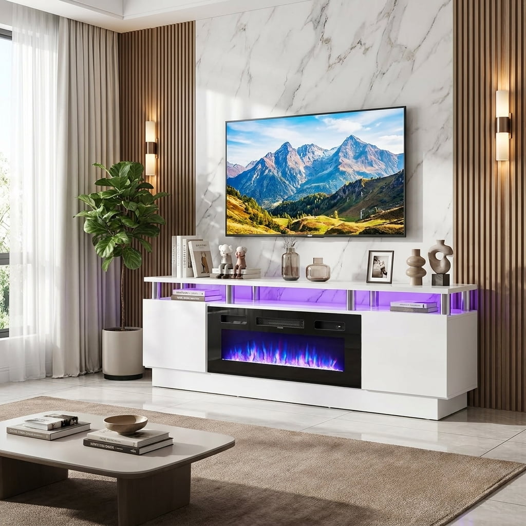 Easoger Fireplace TV Stand, Entertainment Center for TVs up to 80", 70” TV Stand with 36'' Electric Fireplace, LED Lights Entertainment Center, TV Console, White