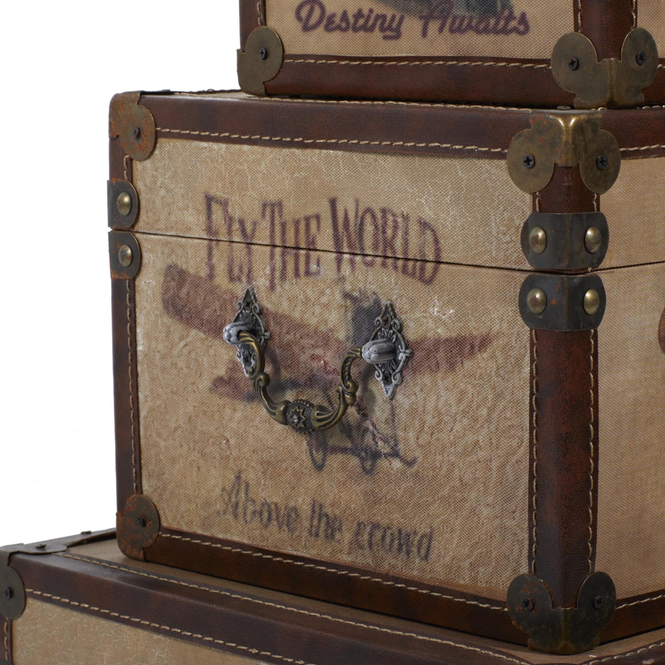 DecMode 12" x 5" Brown Faux Leather Vintage Train, Plane, Boat Transportation Trunk with Gold Hardware, 3-Pieces