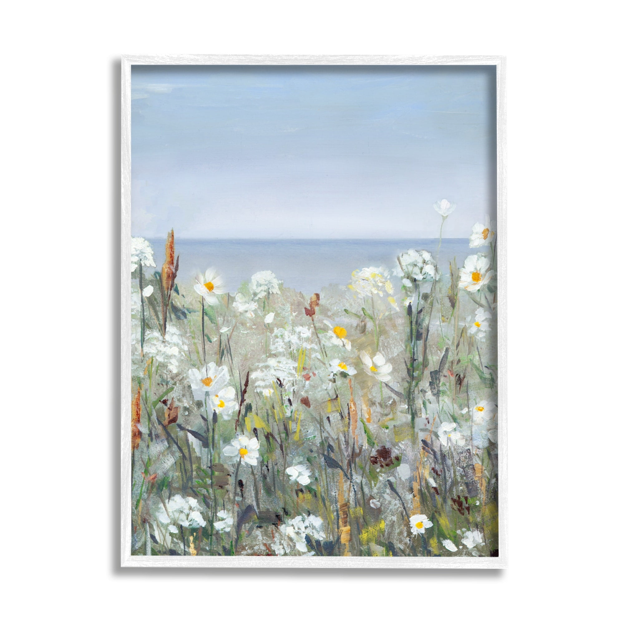 Stupell Industries Pleasant Summer Flower Field Distant Beach Shore Painting White Framed Art Print Wall Art, Design by Sally Swatland