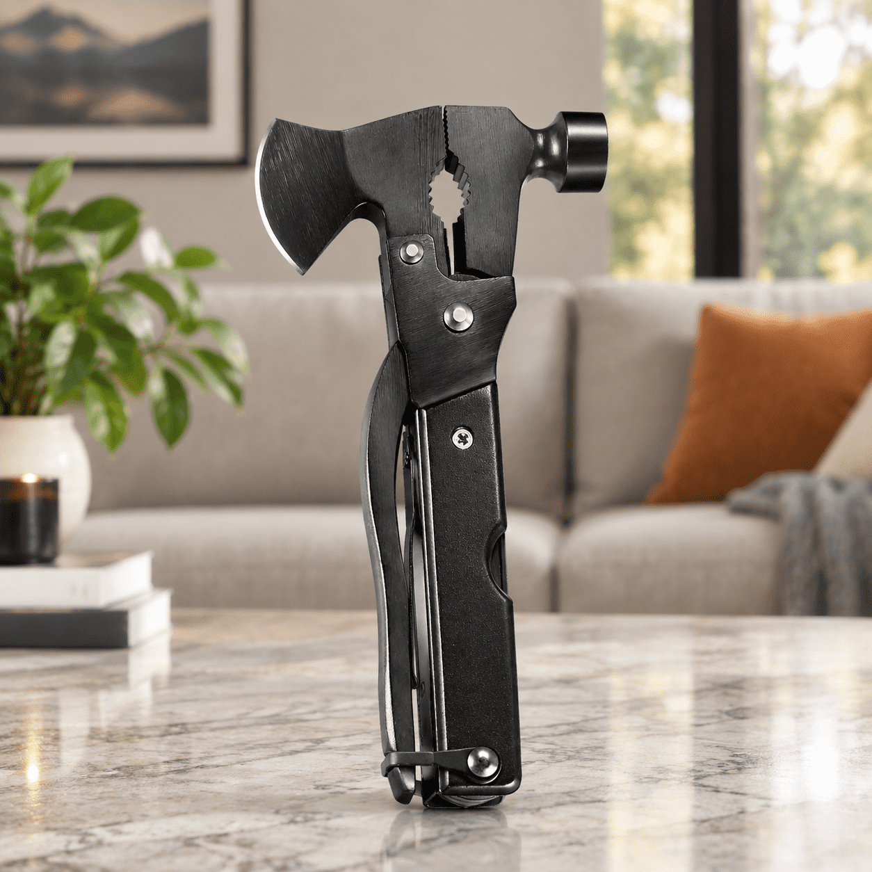 14-in-1 Black Multitool Camping Axe with Hammer Bottle Opener and Sheath