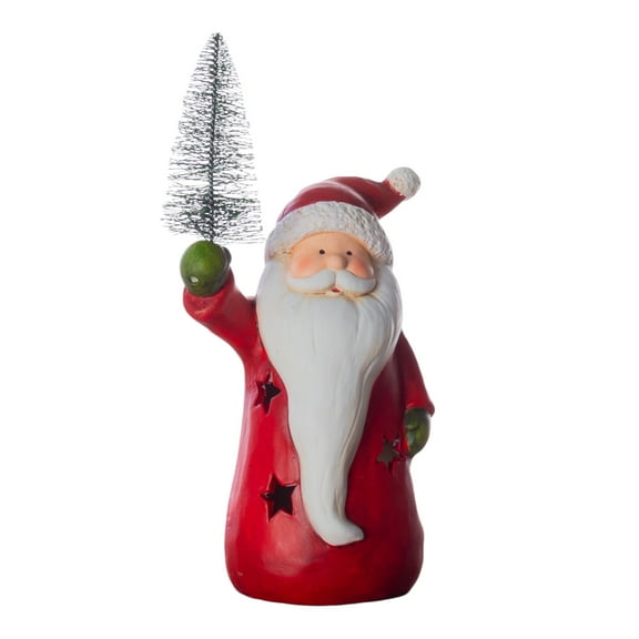 Good Tidings 8.3” Santa Figurine in Red with Christmas Tree – Holiday Tabletop Decoration