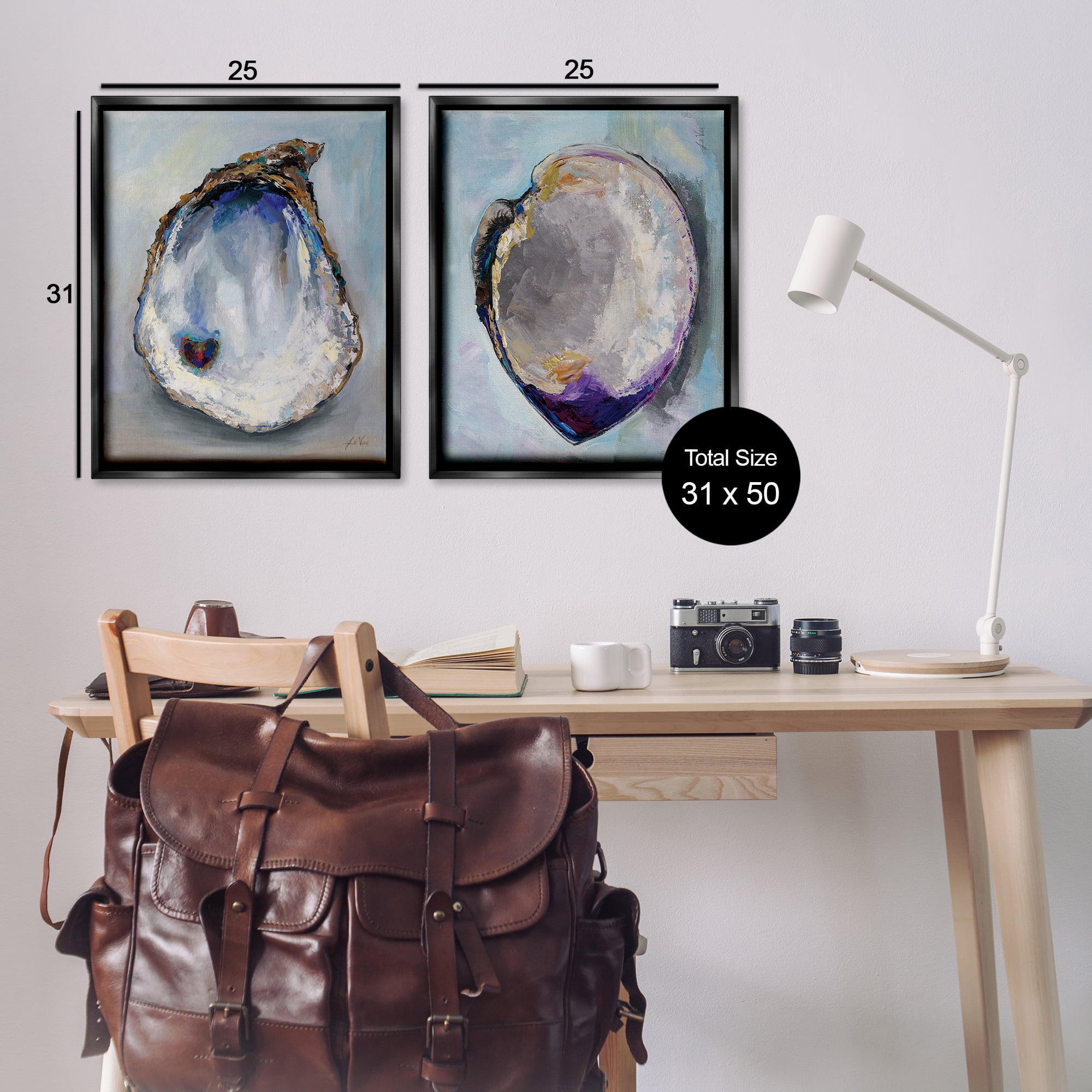 Stupell Industries Open Oyster Clam Shell Nautical & Beach Painting Black Floater Framed Canvas Art Print Wall Art, 31 x 25, Set of 2