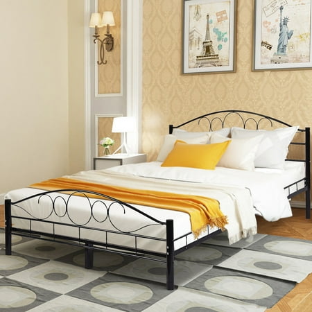 Camelot Queen Bed - Costway Queen Size Wood Slats Steel Bed Frame Platform Headboard Footboard Black