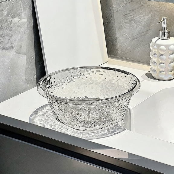 DAMAI Transparent Household Basin, Round Thickened PET Plastic Laundry Tub with Glacier Pattern & Large Capacity, Heavy Duty Wash Basin for Kitchen Bathroom Cleaning Soaking Daily Use