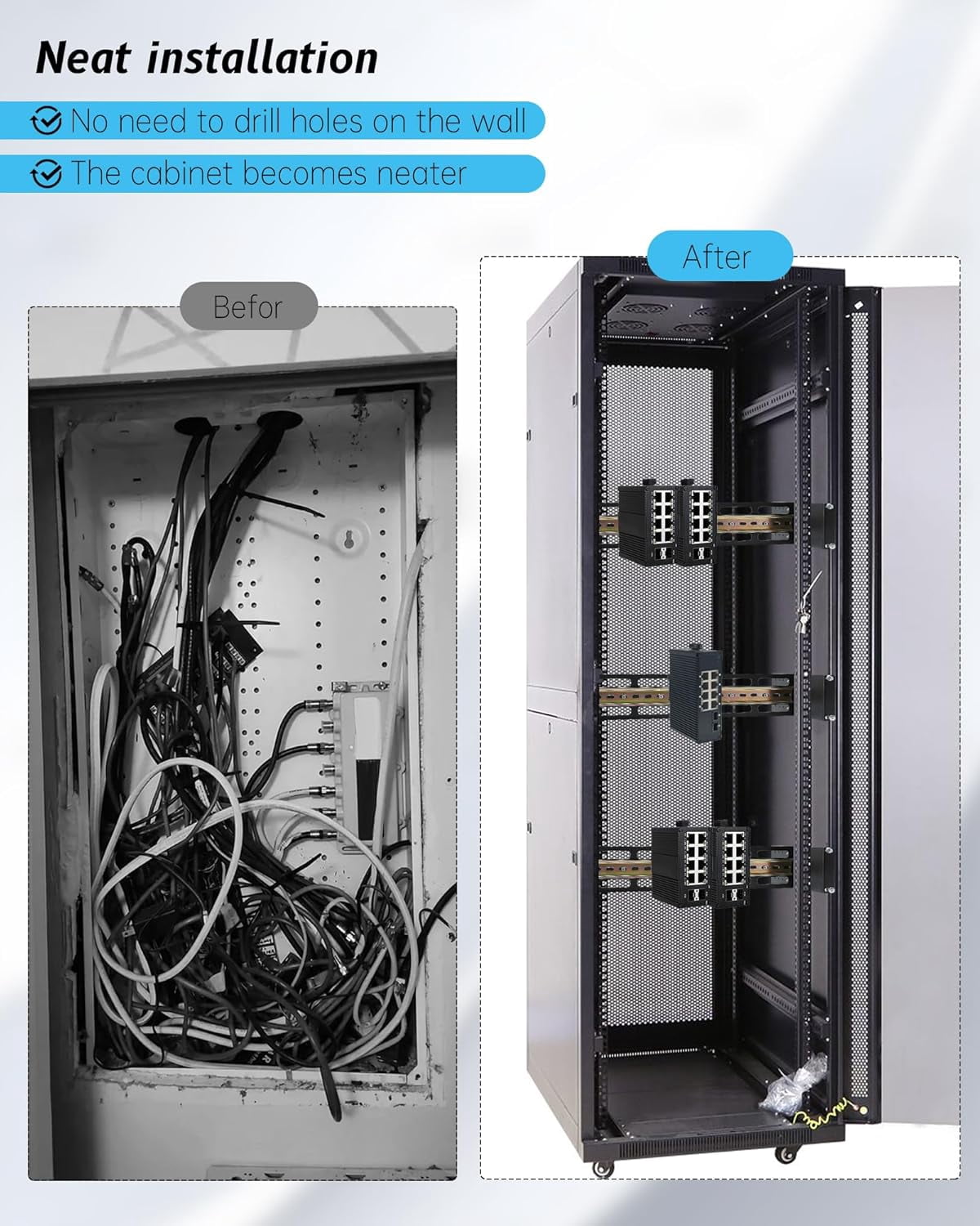 19 Inch Rack Mount DIN Rail Kit, with High Strength Metal,Depth Adjustable Rackmount Din Rail Chassis 2U Adjustable,for Media Converters, Ethernet Switch, Industrial PoE Switch & Power Supplies