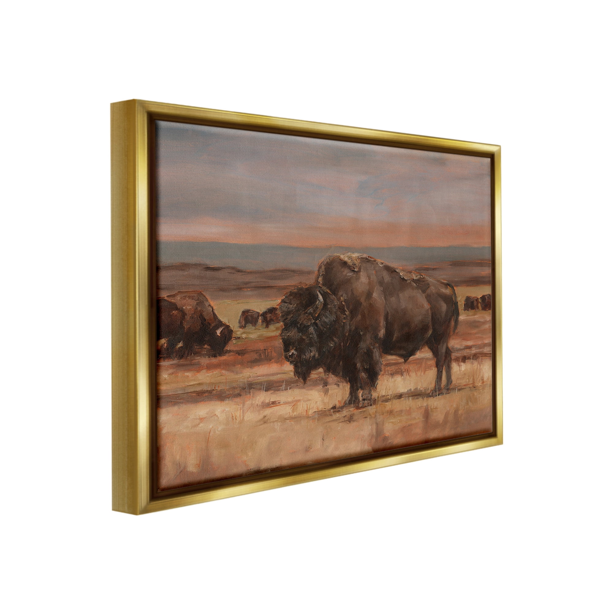 Stupell Industries Rural Pasture with Bison Animals & Insects Painting Gold Floater Framed Canvas Art Print Wall Art, 21 x 17