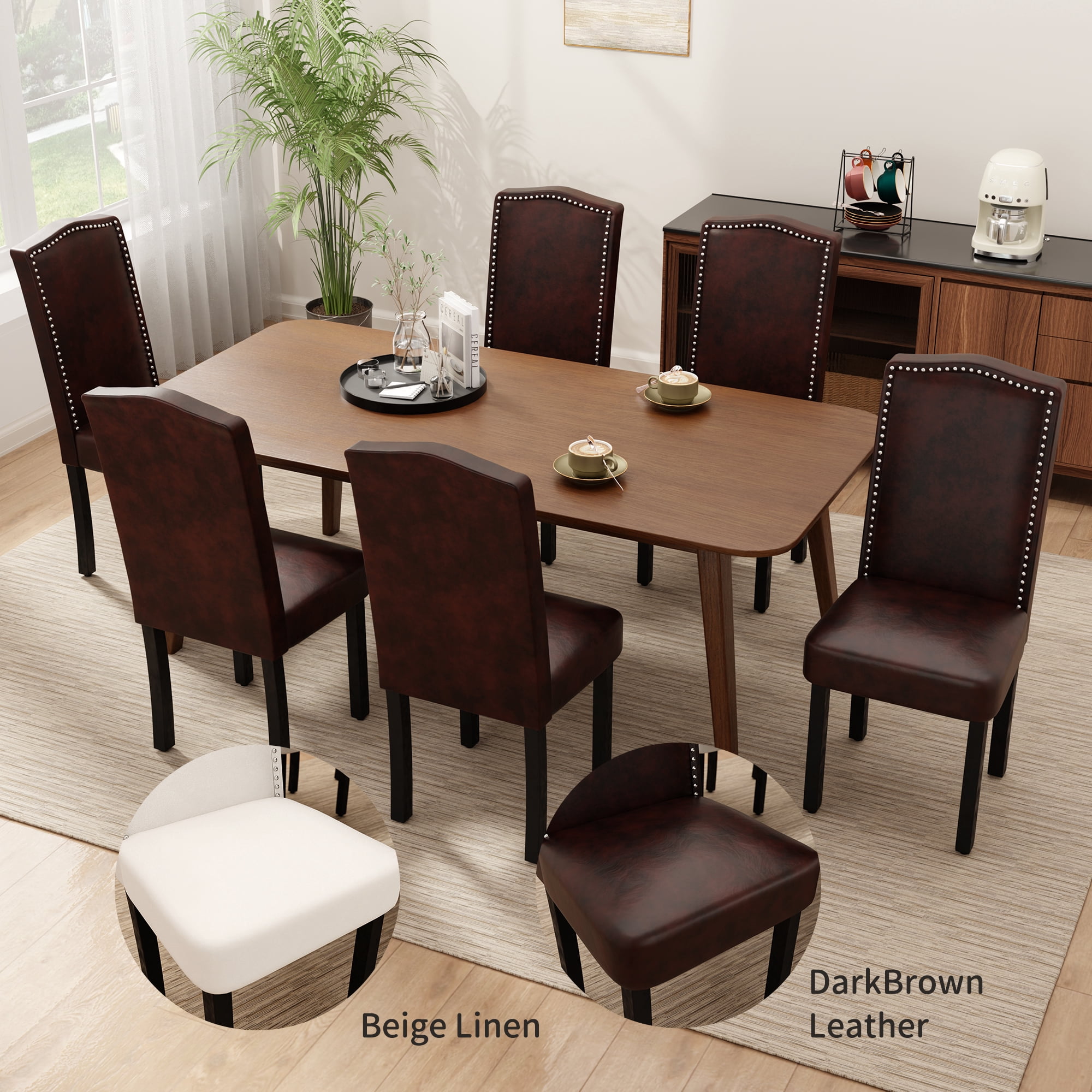 DONICK Mid Century Upholstered Dining Chairs,High-End Dorsal Side Chairs Nailhead Trim Wood Legs for Kitchen(PU,Brown,Set of 2)