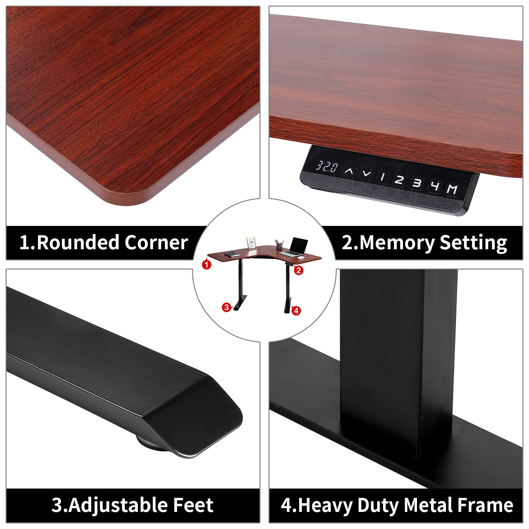 UNICOO® L Shaped Dual Motor Electric Height Adjustable Standing Desk, Computer Corner Desk, Home Gaming Desk, Office Writing Workstation (Black Frame/Mahogany Top) XOT-L-BM