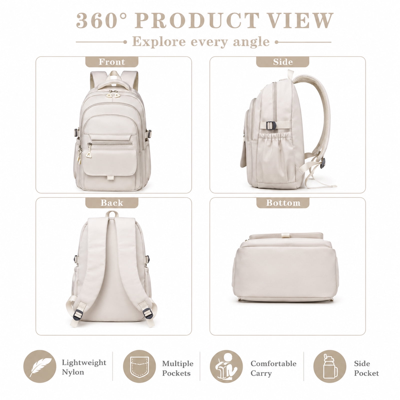 White Backpack Multi-compartment Large Capacity Casual Laptop Backpack for Men and Women, Adjustable Padded Shoulder Straps, Nylon Material, 17.3"