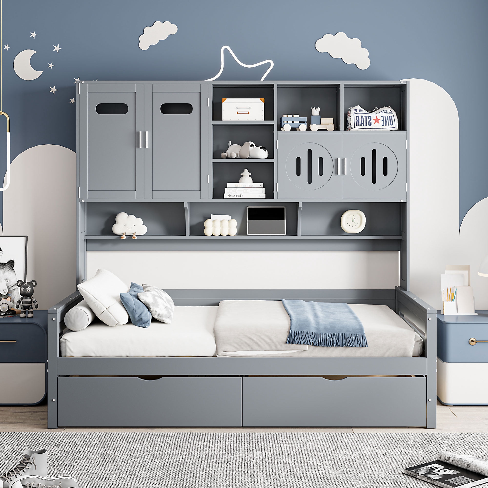 Mintazer Twin Platform Bed with Side Bookcase & 2 Drawers and 2 Cabinets, All-in-One Wood Storage Daybed Frame for Kids Teens Bedroom Guest Room, Grey