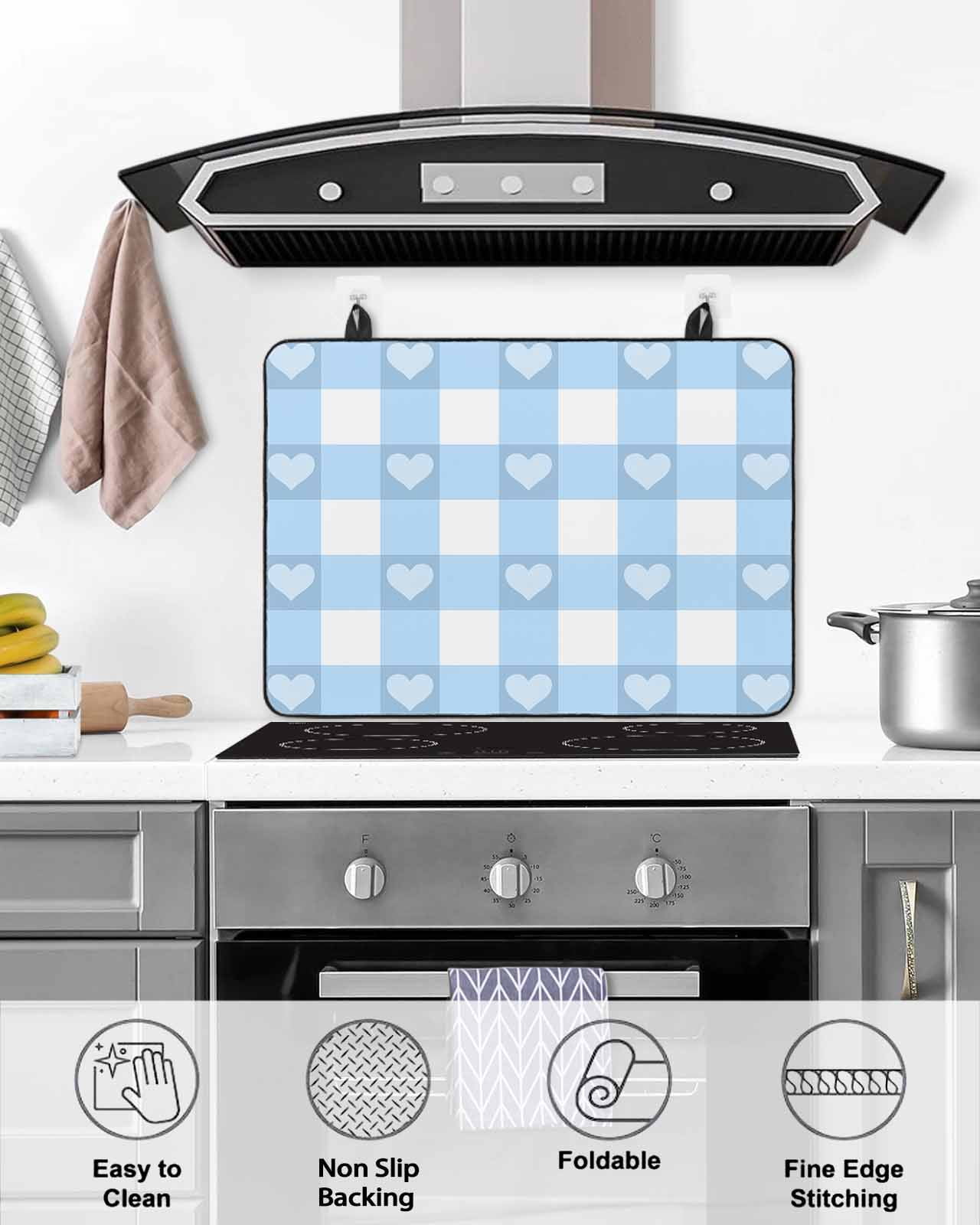 nqOlkjepod Large Induction Cooktop Protector Mat 24"x21", Buffalo Blue Striped Stove Top Covers for Electric Stove, Love Heart Checkered Decorative Stove Burner Cover Mats, Glass Top Stove Cover