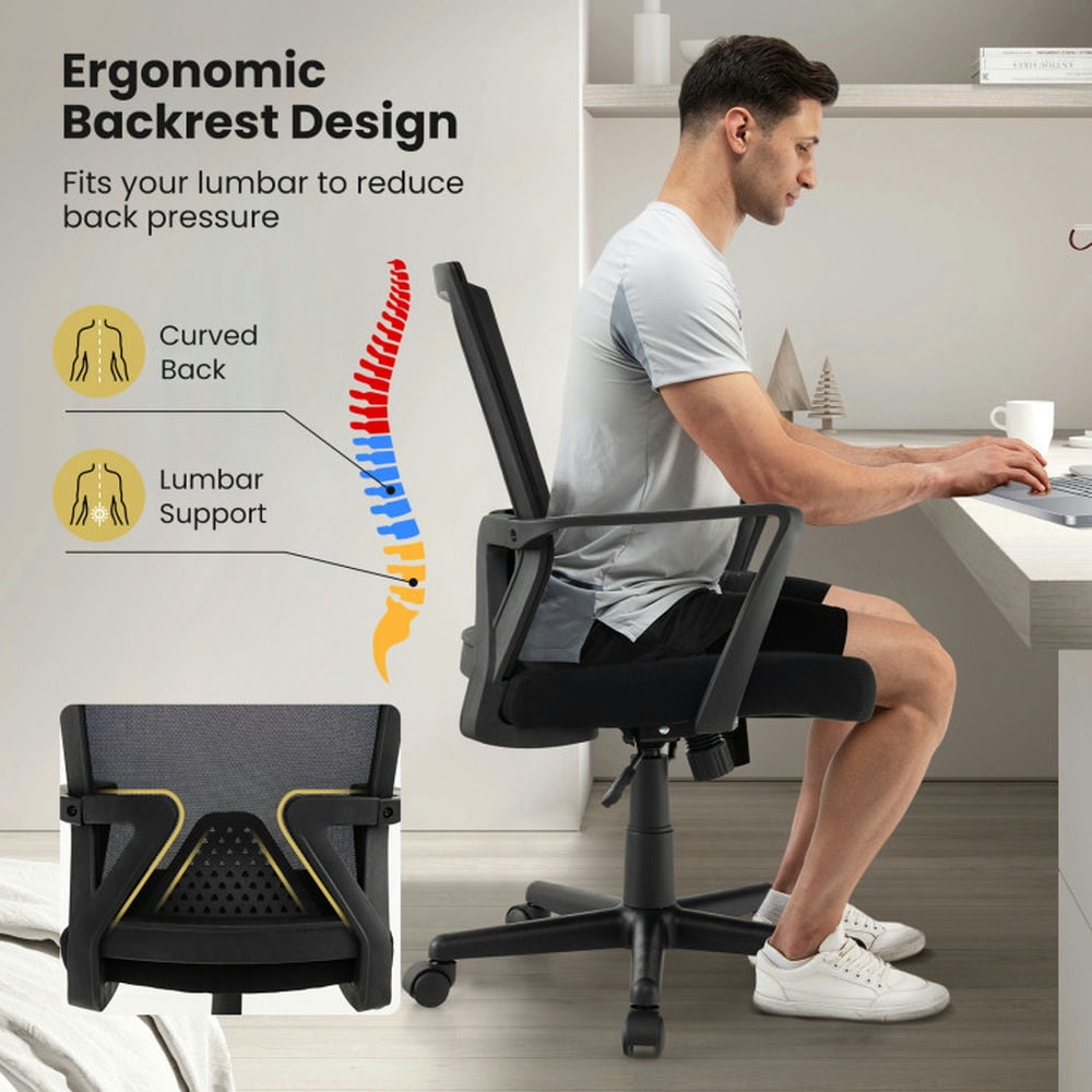 Demi Bonn Ergonomic Desk Chair with Lumbar Support and Rocking Function, Rolling Work Computer Office Chair, Black