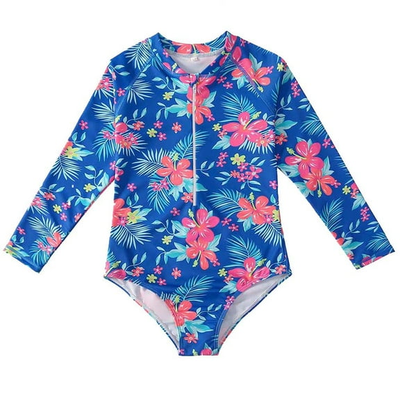 Baozhu Kid Girl Floral One Piece Zip Swimsuit Long Sleeve Rashguard Bathing Suit
