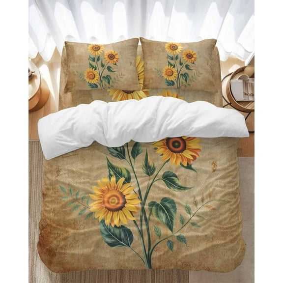Vintage Sunflower Bedding Duvet Cover Set Queen Size 4 Pieces Flower Brown Botanical Country Bedding Set with Zipper Closure, 1 Comforter Cover 90x92 Inches 1 Flat Sheet & 2 Pillow Cases