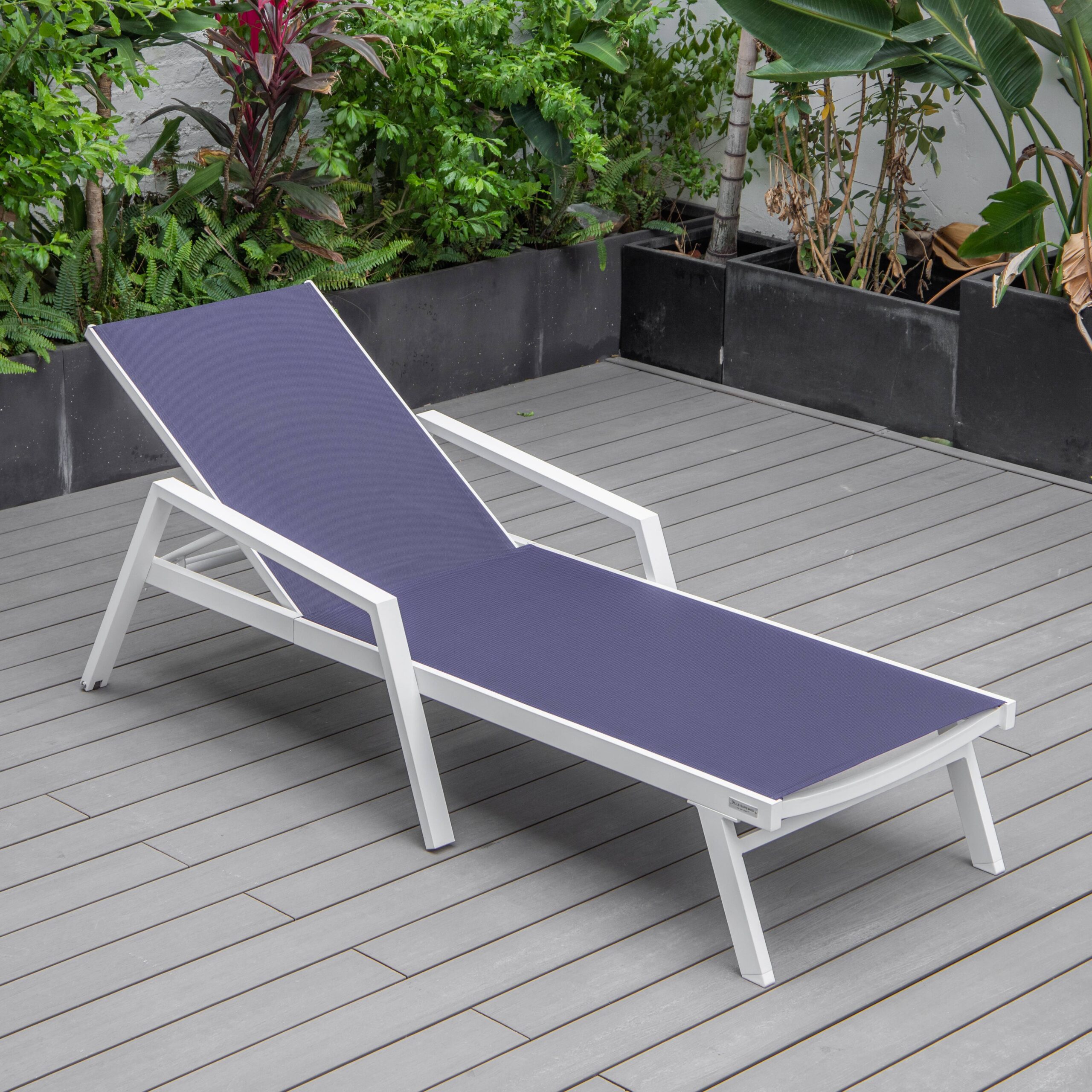LeisureMod Marlin Patio Chaise Lounge Chair with Armrests Poolside Outdoor Chaise Lounge Chair for Patio Lawn & Garden Modern White Aluminum Suntan Chair with Sling Chaise Lounge Chair (Navy Blue) - image 4 of 12