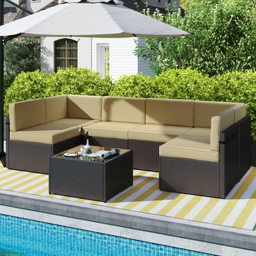Kinbor 7Pcs Outdoor Patio PE Rattan Wicker Sofa Sectional Furniture Set with Cushion, Khaki