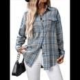 thumbnail image 2 of Camisa Abotonada para Mujer, Camisa A Cuadros, Larga, Solapa, Informal, para Negocios, Trabajo Azul S, 2 of 10
