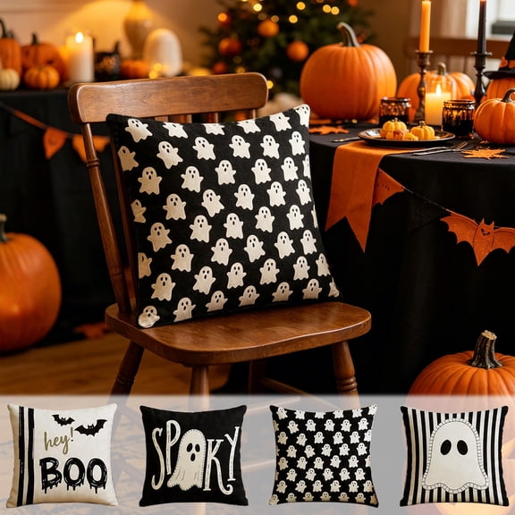 PYURTEP Halloween Decor Pillow Covers 18x18 inch, Hey Boo Spooky Ghost Pattern Pillow Covers Soft Premium Pillowcases for Sofa Couch Bed
