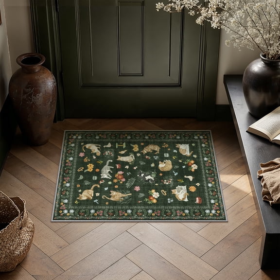 BERTHMEER 2'x3' Small Area Rugs for Entryway Laundry Bathroom Bedroom Entrance Modern Contemporary Rugs Dorm Dark Green Non Slip Washable Cat Pattern Floral Carpets