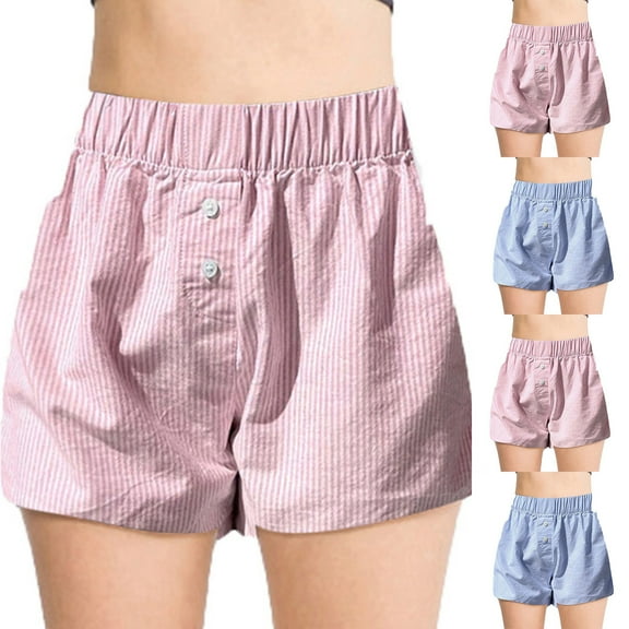 USSUMA Athletic Shorts for Women Pull-on Stripe Prints Elastic Mid Waist Shorts with Button Leisure Beach Shorts Striped Active Short Pants Wide Legs Loose Fit Shorts for Women for Party Blue L