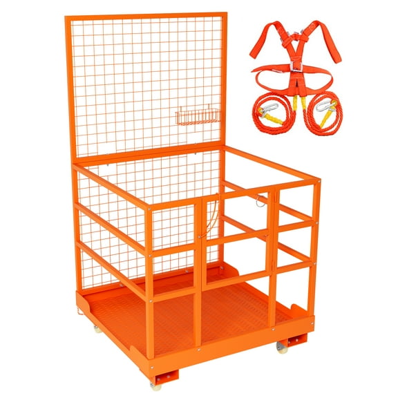 Danolapsi Forklift Safety Cage Work Platform, 43x45 Inches, Forklift Accessory Work Platform, Load Capacity 1800LB, 2 Wheels with Brakes and 2 Wheels Without Brakes, Orange