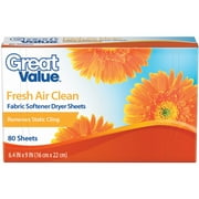 Great Value Fresh Air Clean Fabric Softener Dryer Sheets, 80 count