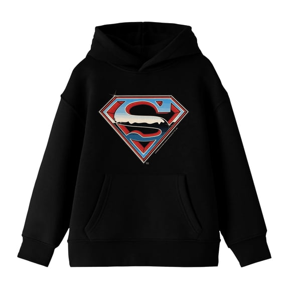 Superman Elevated Logo Long Sleeve Youth Black Hooded Sweatshirt-Medium