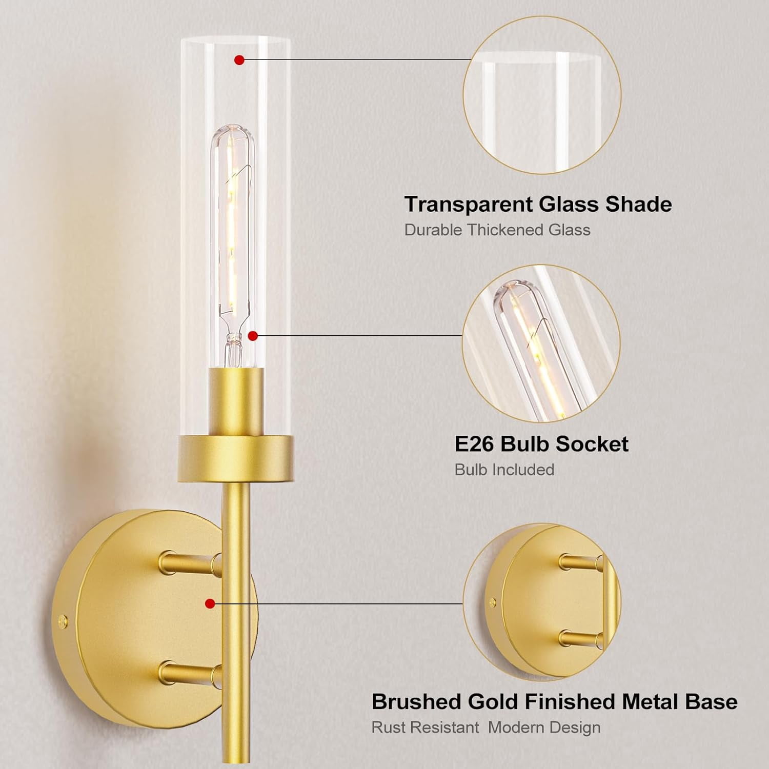 2-Pack Modern Gold Wall Sconces, Hardwired Dimmable Vanity Light Fixture w/ Clear Glass Shade | Indoor E26 Lights for Bathroom, Bedroom & Living Room Accent Decor