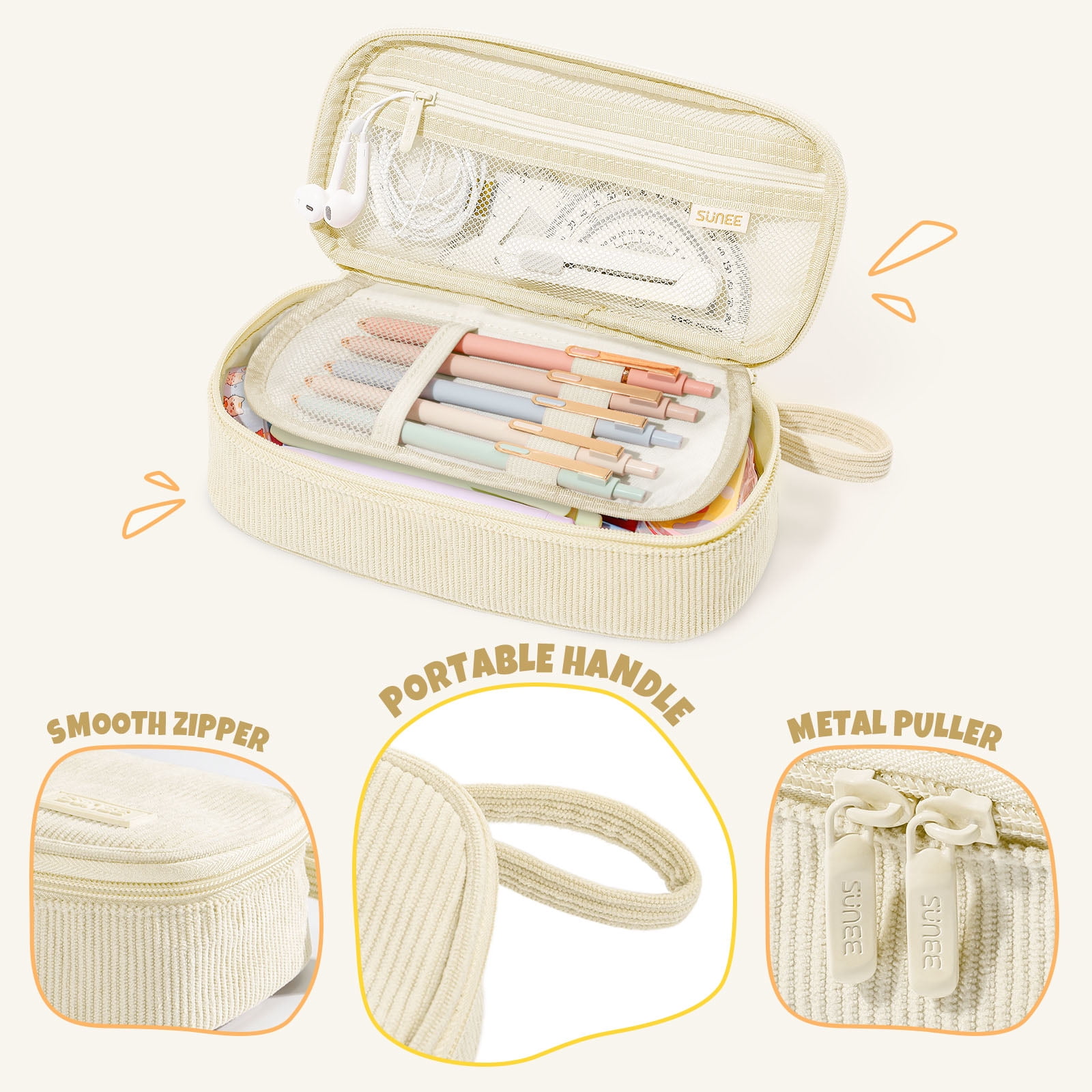 SUNEE Cute Pencil Case, Large Capacity Pencil Pouch Aesthetic Zipper Pencil Bag, Big Storage Pen Organizer for Stationery, Soft Corduroy Pencil Box Back to School Supplies for Teen Girls Boys, Beige