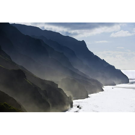 The Ridges of the Na Pali Coast Rise Above the Crashing Surf on the North Shore of Kauai, Hawaii Print Wall Art By Sergio