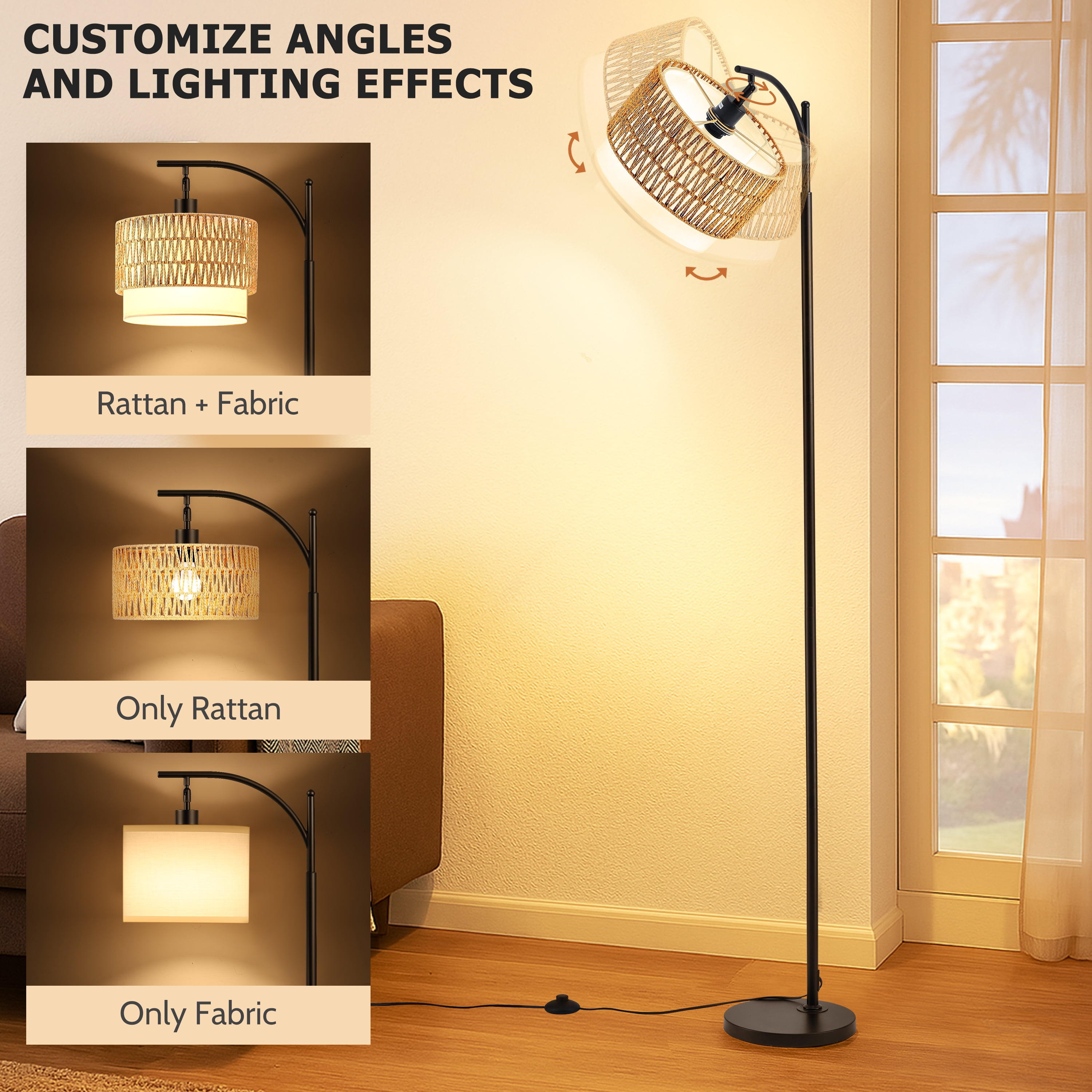 Coliware Rattan Floor Lamp for Living Room, Standing Lamp with Double Drum Shade, Dimmable Farmhouse Floor Lamp for Bedroom, 3 Color Temperatures Bulb Included