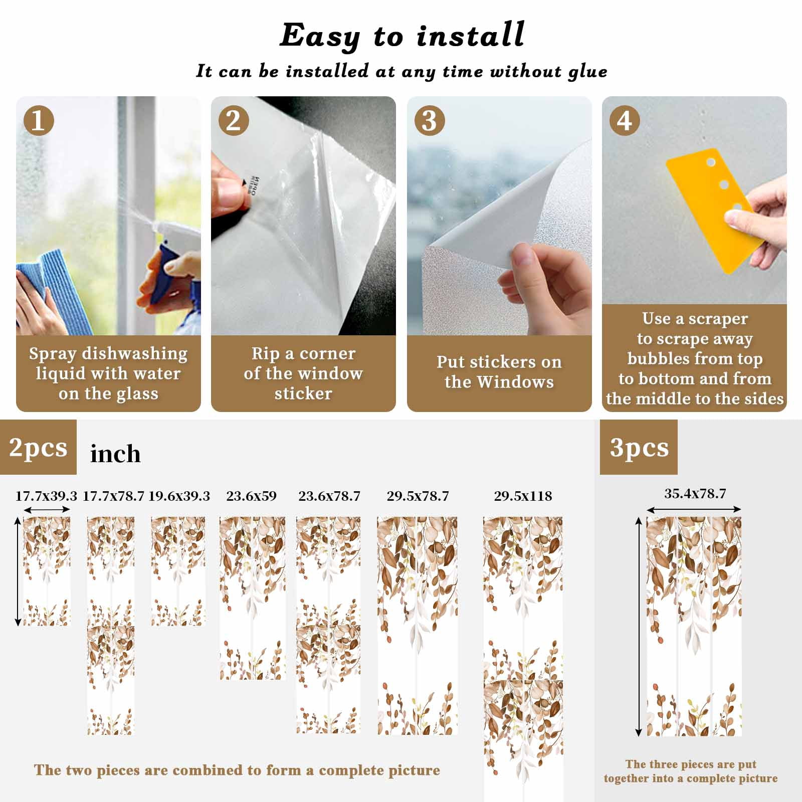 Sun Blocking Glass Window Film, Brown Eucalyptus Leaves Window Privacy Film Frosted, Farmhouse Botanical Watercolor Reusable Windows Privacy Sticker for Home Decor, Nursery, 23.6 x 78.7 Inches