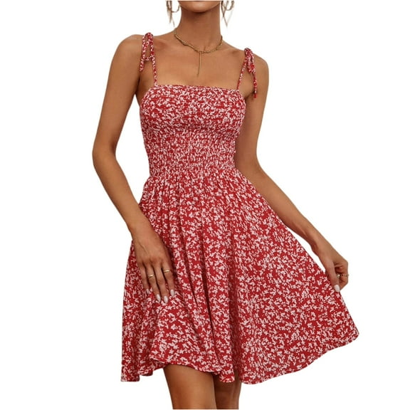 Tianiyouqing Summer Dresses for Women 2025 Spring Adjustable Floral Knee Length Western Midi Dresses Spaghetti Strap Smocked Sleeveless Vacation Swing Dresses Red XS
