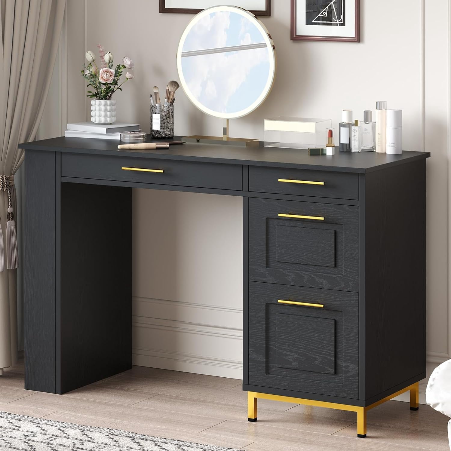 DreamCurship Computer Desk with 4 Drawers and Power Outlets, 47 inch Home Office Desk with Storage, Makeup Vanity Desk Dressing Table, Black and Gold