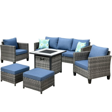 Ovios 6 Pieces Outdoor Furniture with 50,000 BTU Fire Pit All Weather Wicker Patio Conversation with Denim Blue Cushion