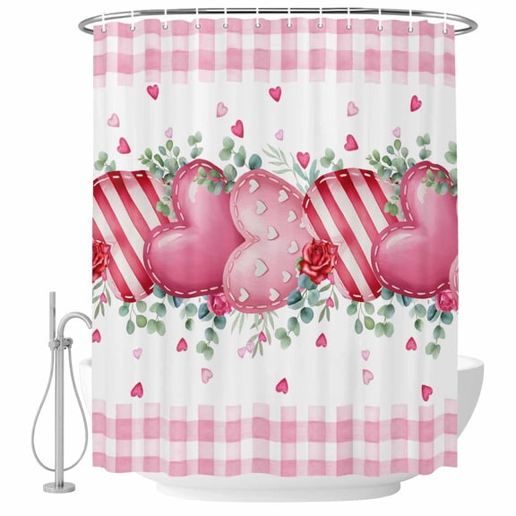 Polyester Fabric Valentines Day Shower Curtain, Modern Love Heart Eucalyptus Leaf Pink Plaid Waterproof Bathtub Curtain Bathroom Decor Set with Hooks 54 x 78 Inches
