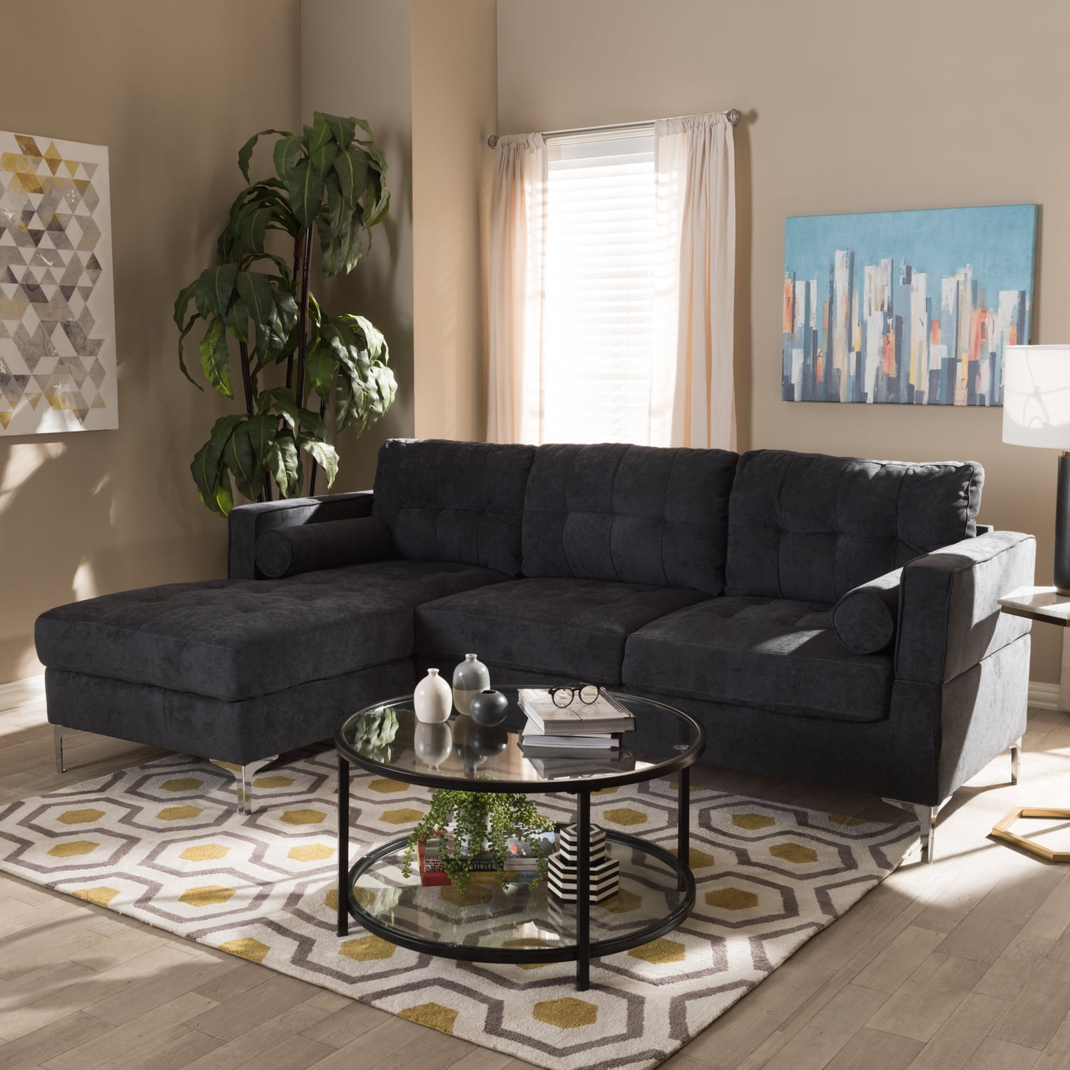 Baxton Studio Mireille Modern and Contemporary Dark Grey Fabric Upholstered Sectional SofaColor