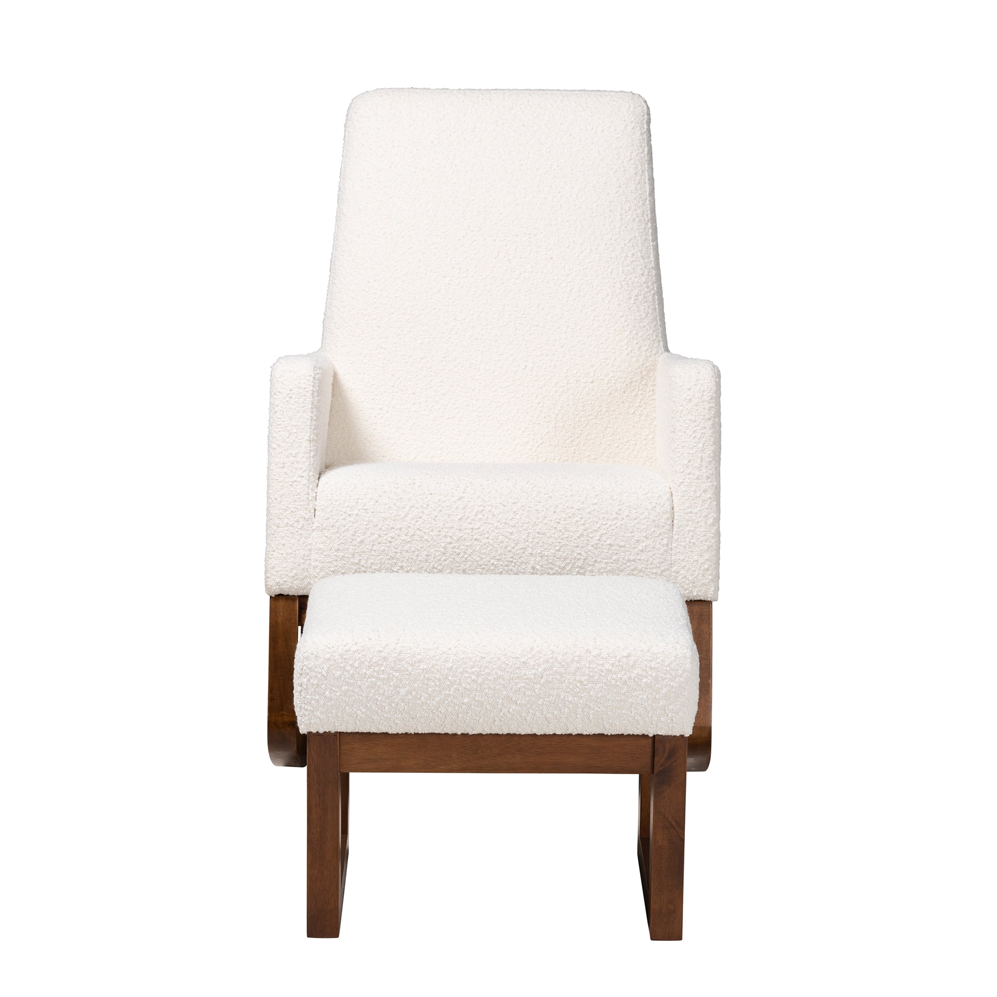 Baxton Studio Yashiya Mid-Century Modern Off-White Boucle Upholstered and Walnut Brown Finished Wood 2-Piece Rocking Chair and Ottoman Set
