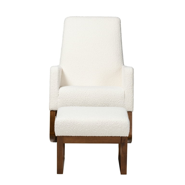 Baxton Studio Yashiya Mid Century Modern Off White Boucle Upholstered and Walnut Brown Finished Wood 2 Piece Rocking Chair and Ottoman Set Walmart