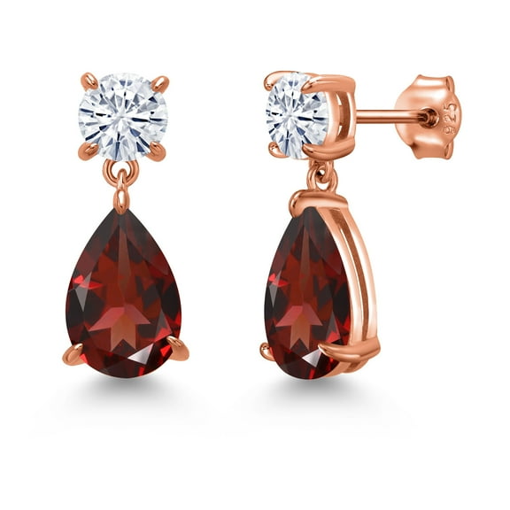 Gem Stone King 18K Rose Gold Plated Silver Red Garnet and White Moissanite Earrings for Women | 7.94 Cttw | Gemstone January Birthstone | Pear Shape 12X8MM