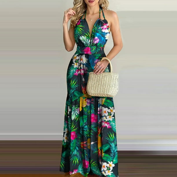 Party Beach Dresses Women Vacation Dresses Summer Sleeveless Print Wrap  Bodycon Halter Maxi Dress Stylish Sundresses