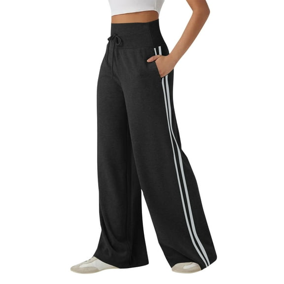 KDDYLITQ Womens Sweatpants Lined Elastic High Waist Trousers Stripes Straight Wide Leg Sweat Pants Baggy Plus Size Loungewear Oversized Athletic Pants with Pockets Black S