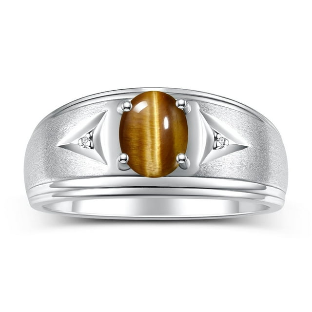RYLOS Men's Rings Sterling Silver Classic 8X6MM Oval Gemstone & Diamond Ring Tiger Eye November Birthstone Rings For Man Silver Rings Size 9