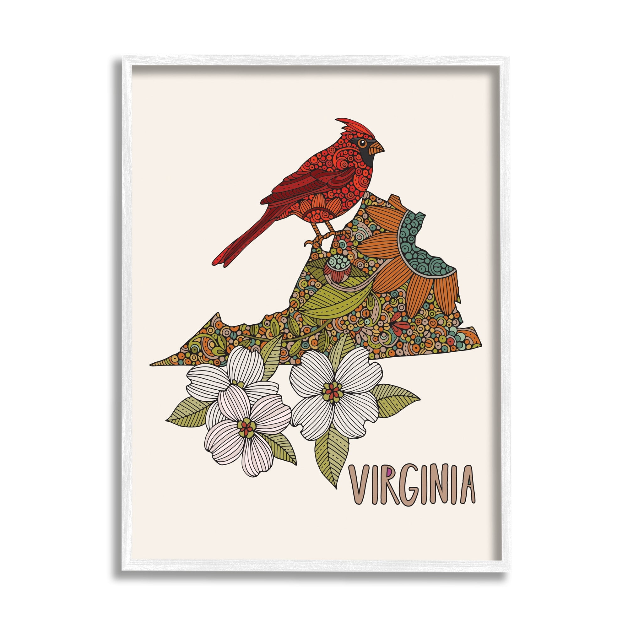 Stupell Industries Virginia Cardinal Bird Intricate Dogwood Floral Pattern Graphic Art White Framed Art Print Wall Art, Design by Valentina Harper