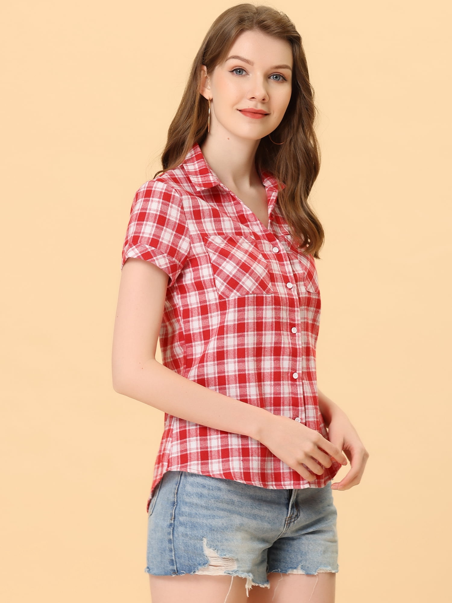 DARING DIVA Women's Casual Boyfriend Plaid Button Down Flannel Shirt M Red White