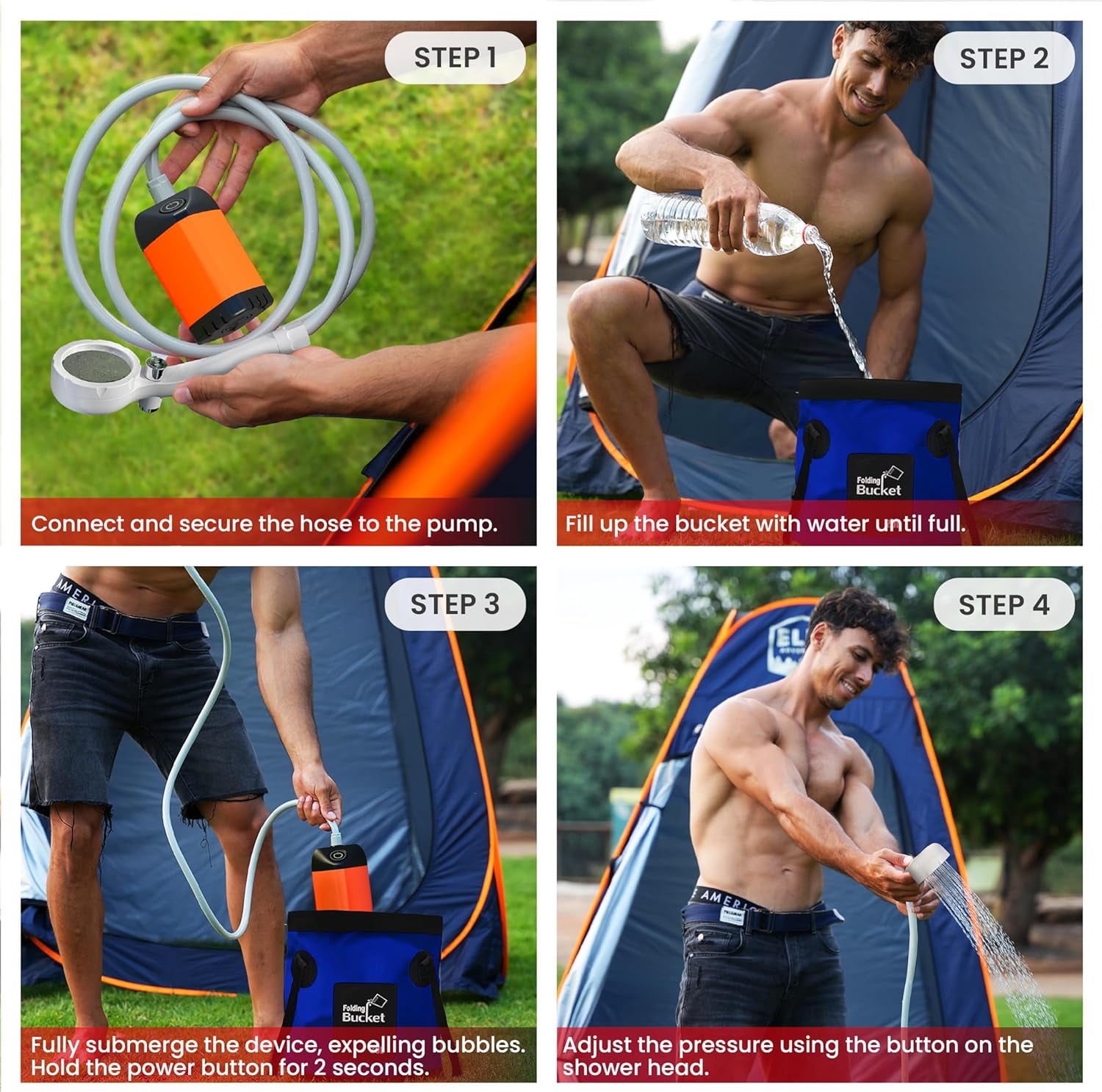 Portable Camping Shower Pump with 5 Gallon Collapsible Bucket - Rechargeable Battery Camp Shower Electric Shower, Portable Shower for Camping