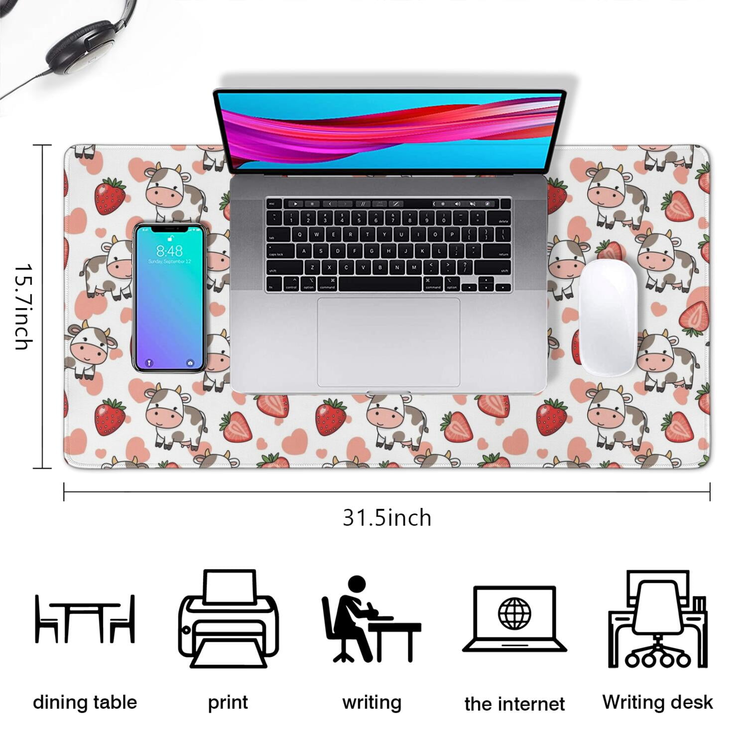 Long Mouse Pads for Desk,White Cow Strawberry Heart Pattern Desk Mats on Top Of Desks, Desk Mouse Pad Extra Large with 3mm Non-Slip Base and Stitched Edge for Gaming,Office,Work,Home 31.5"x15.7"