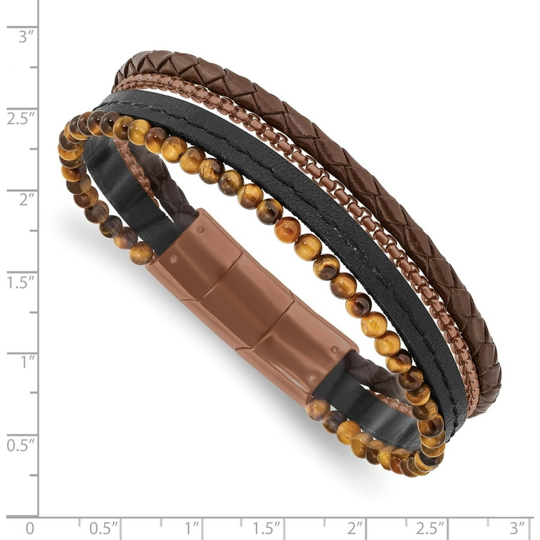 Stainless Steel Polished Brown IP Tiger's Eye Leather Bracelet Stainless Steel Polished Brown IP Tiger's Eye Leather Bracelet